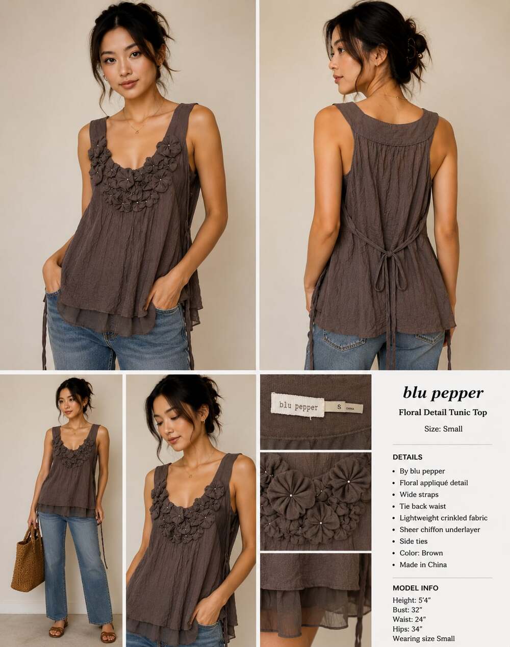 Blu Pepper Womens Small Brown Floral Applique Sleeveless Boho Tunic Tank Top